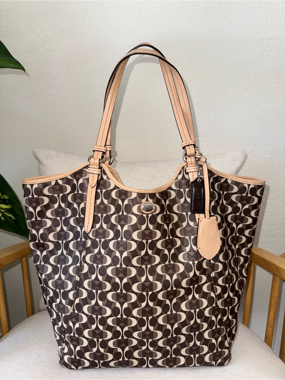 Coach Peyton Dream Signature C Brown Beige Coated Canvas Leather Tote Purse Bag